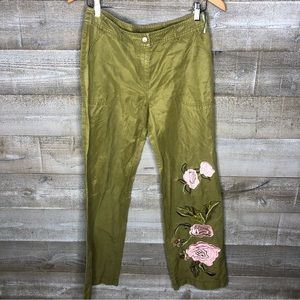 Chibi green satin floral embroidered boho cropped pants